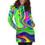 Green Abstract Liquid Trippy Print Hoodie Dress GearFrost