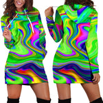 Green Abstract Liquid Trippy Print Hoodie Dress GearFrost