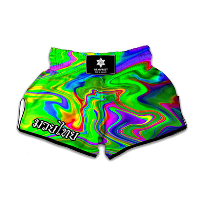 Green Abstract Liquid Trippy Print Muay Thai Boxing Shorts