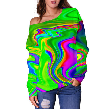 Green Abstract Liquid Trippy Print Off Shoulder Sweatshirt GearFrost
