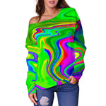 Green Abstract Liquid Trippy Print Off Shoulder Sweatshirt GearFrost