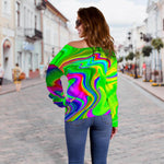 Green Abstract Liquid Trippy Print Off Shoulder Sweatshirt GearFrost