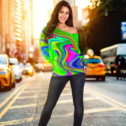 Green Abstract Liquid Trippy Print Off Shoulder Sweatshirt GearFrost