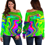 Green Abstract Liquid Trippy Print Off Shoulder Sweatshirt GearFrost