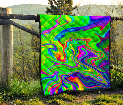 Green Abstract Liquid Trippy Print Quilt