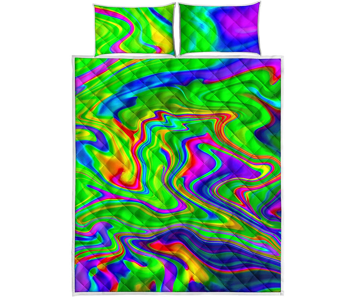 Green Abstract Liquid Trippy Print Quilt Bed Set