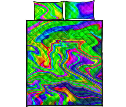 Green Abstract Liquid Trippy Print Quilt Bed Set