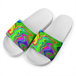 Green Abstract Liquid Trippy Print White Slide Sandals