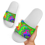 Green Abstract Liquid Trippy Print White Slide Sandals