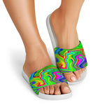 Green Abstract Liquid Trippy Print White Slide Sandals