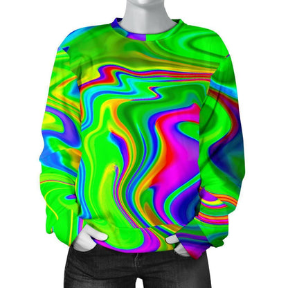 Green Abstract Liquid Trippy Print Women's Crewneck Sweatshirt GearFrost