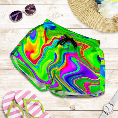 Green Abstract Liquid Trippy Print Women's Shorts