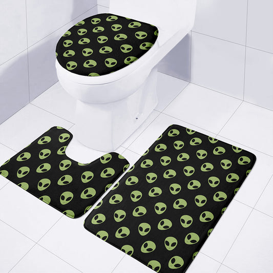 Green Alien Face Pattern Print 3 Piece Bath Mat Set