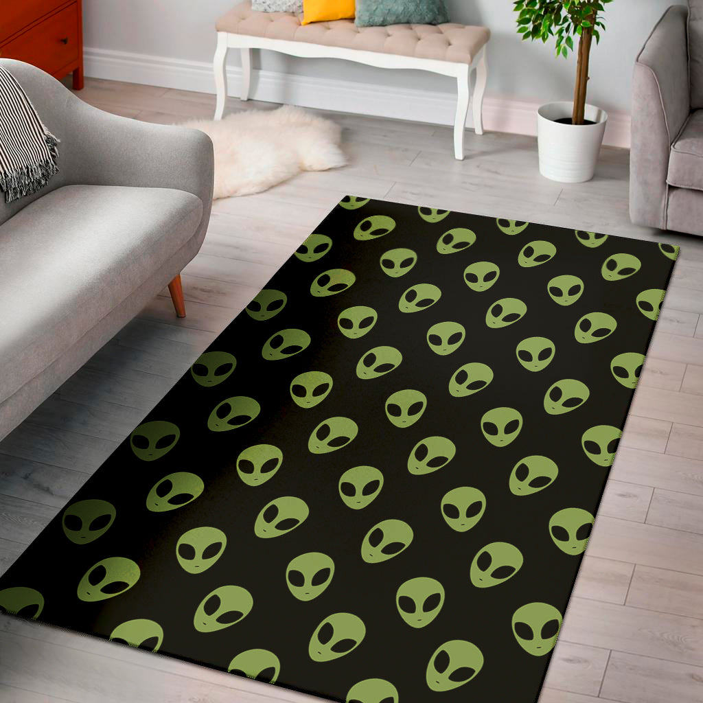 Green Alien Face Pattern Print Area Rug