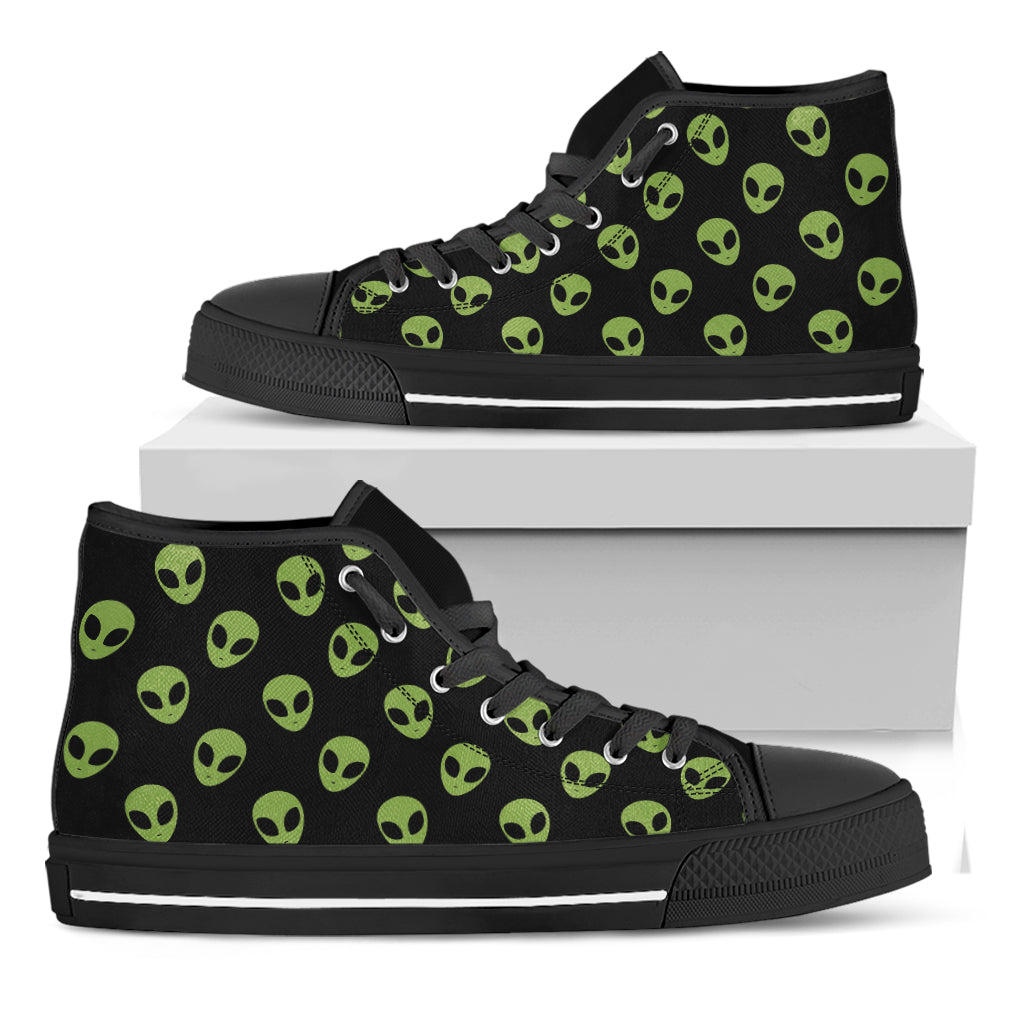 Green Alien Face Pattern Print Black High Top Shoes