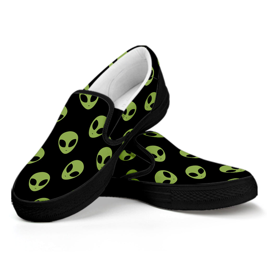 Green Alien Face Pattern Print Black Slip On Shoes