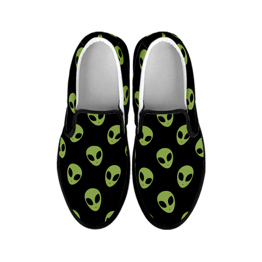 Green Alien Face Pattern Print Black Slip On Shoes