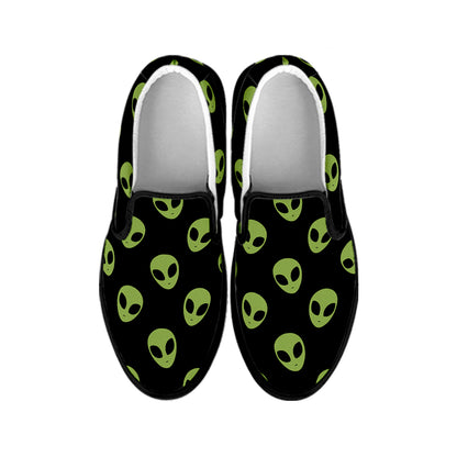Green Alien Face Pattern Print Black Slip On Shoes