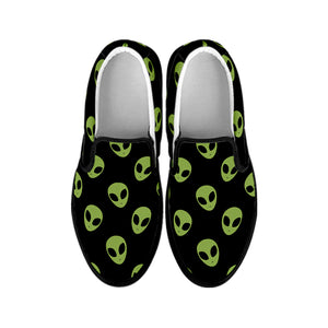 Green Alien Face Pattern Print Black Slip On Shoes