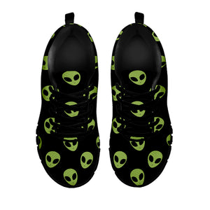 Green Alien Face Pattern Print Black Sneakers