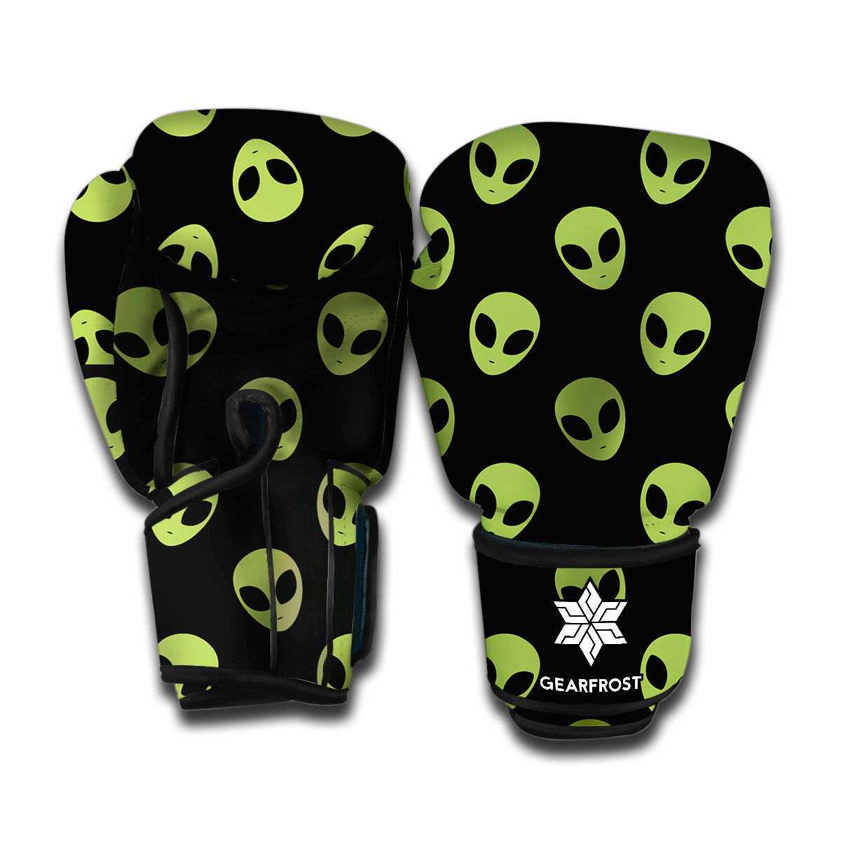 Green Alien Face Pattern Print Boxing Gloves