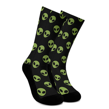 Green Alien Face Pattern Print Crew Socks