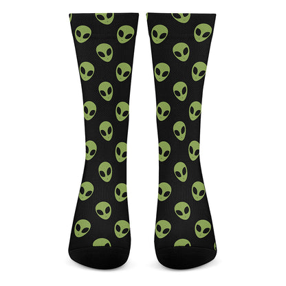Green Alien Face Pattern Print Crew Socks
