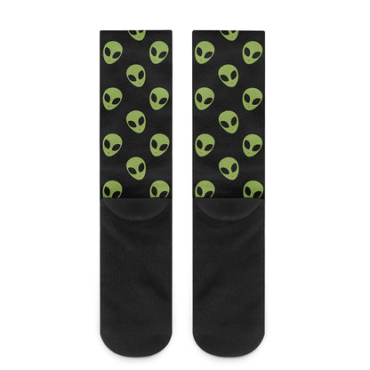 Green Alien Face Pattern Print Crew Socks