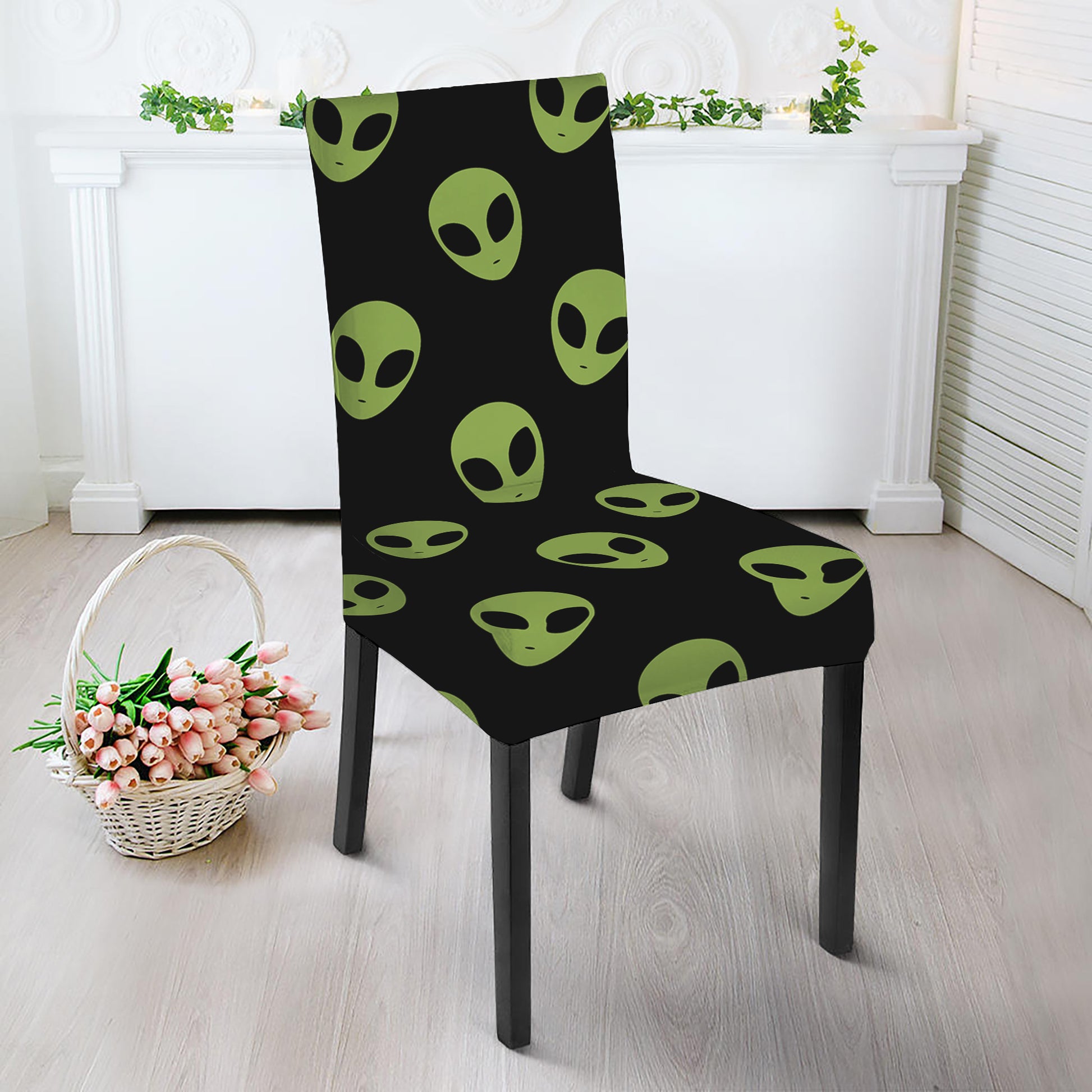 Green Alien Face Pattern Print Dining Chair Slipcover
