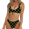 Green Alien Face Pattern Print Front Bow Tie Bikini