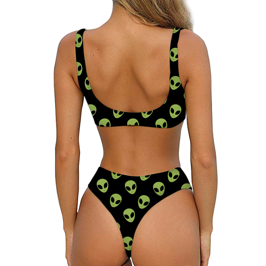 Green Alien Face Pattern Print Front Bow Tie Bikini