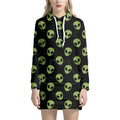 Green Alien Face Pattern Print Pullover Hoodie Dress