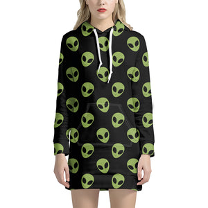 Green Alien Face Pattern Print Hoodie Dress