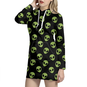 Green Alien Face Pattern Print Hoodie Dress