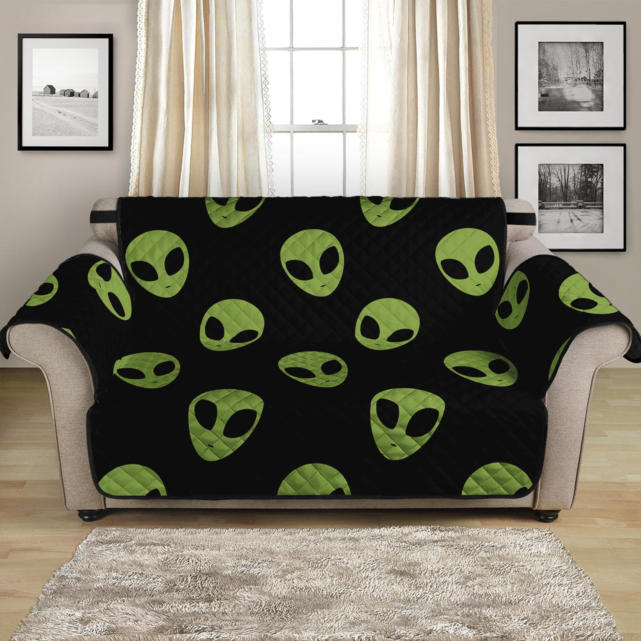 Green Alien Face Pattern Print Loveseat Protector