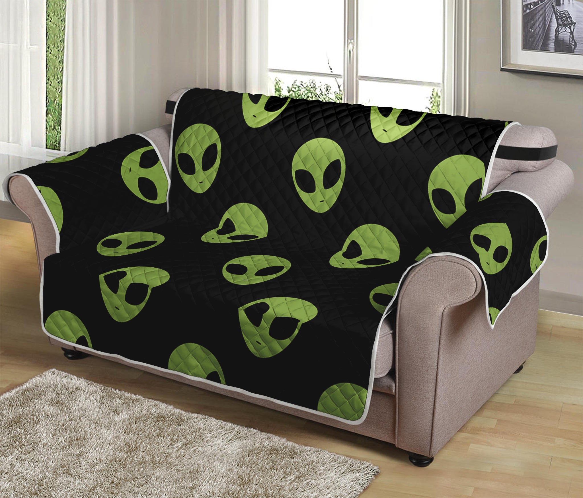 Green Alien Face Pattern Print Loveseat Protector