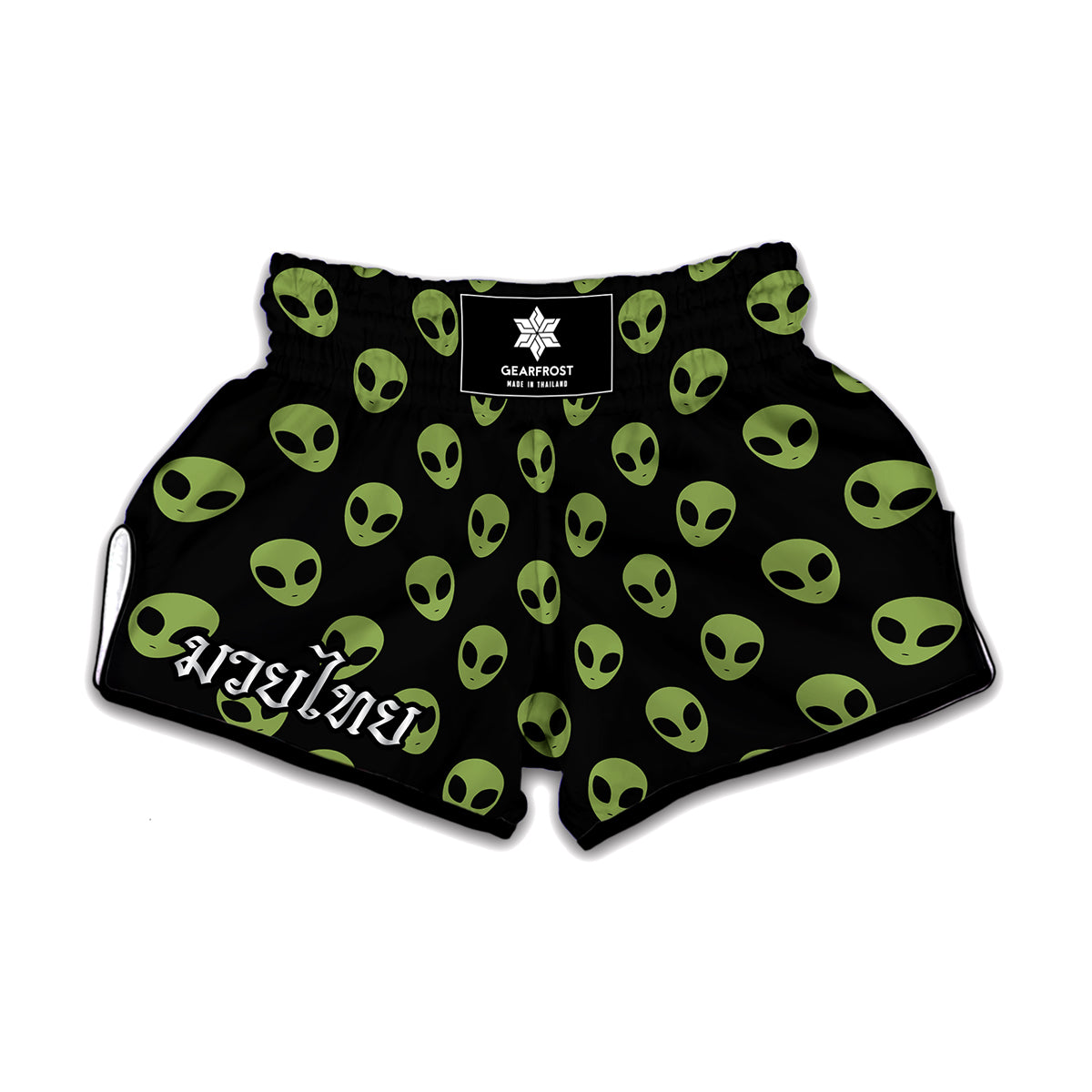 Green Alien Face Pattern Print Muay Thai Boxing Shorts