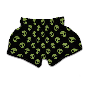 Green Alien Face Pattern Print Muay Thai Boxing Shorts