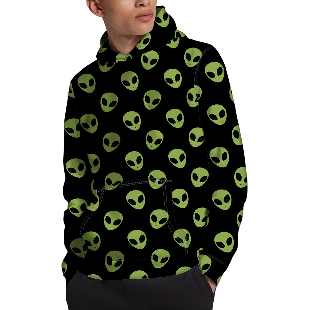 Green Alien Face Pattern Print Pullover Hoodie