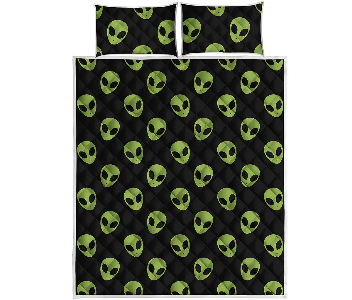 Green Alien Face Pattern Print Quilt Bed Set