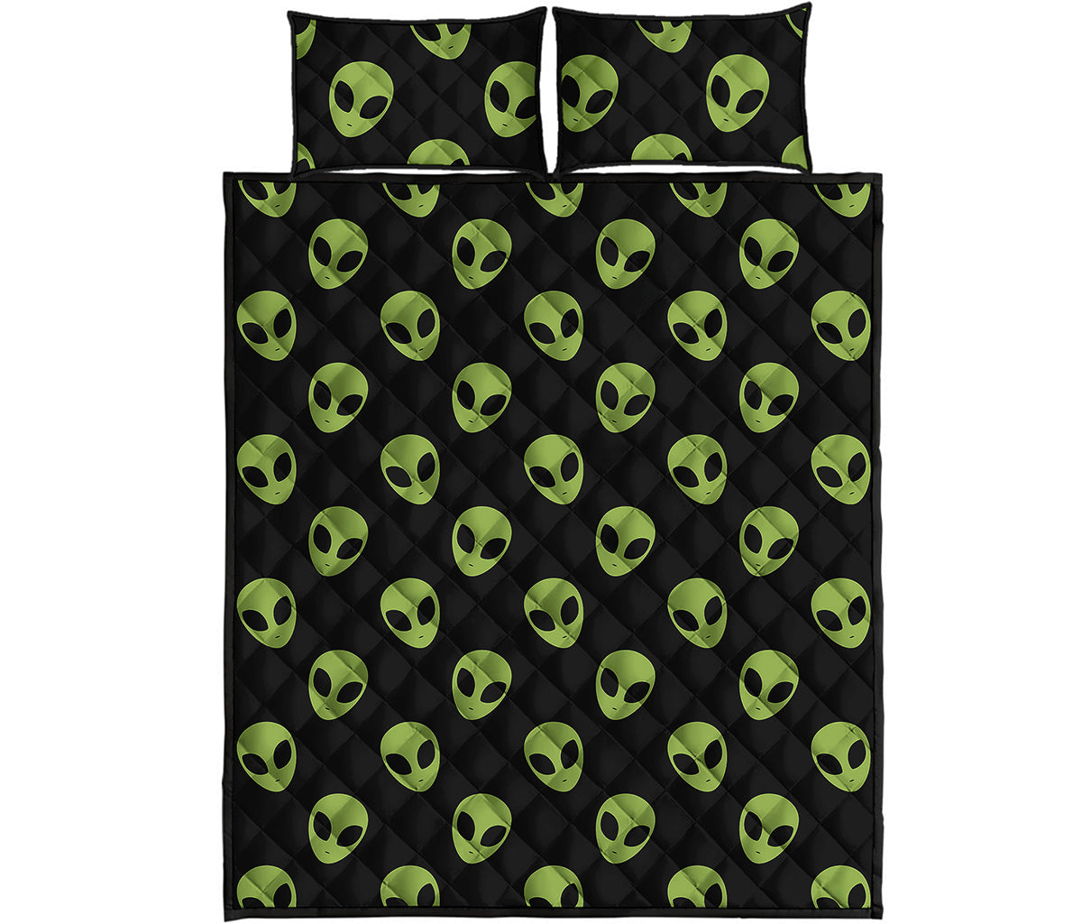 Green Alien Face Pattern Print Quilt Bed Set