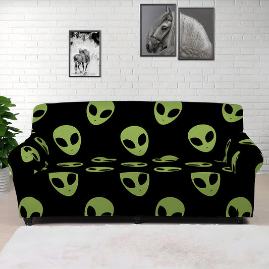 Green Alien Face Pattern Print Sofa Cover