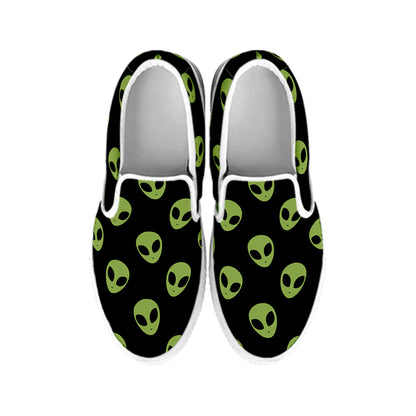 Green Alien Face Pattern Print White Slip On Shoes