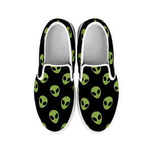 Green Alien Face Pattern Print White Slip On Shoes