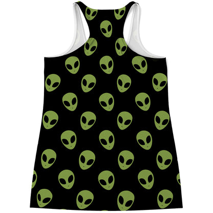 Green Alien Face Pattern Print Women's Racerback Tank Top