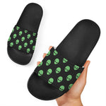 Green Alien Face Print Black Slide Sandals