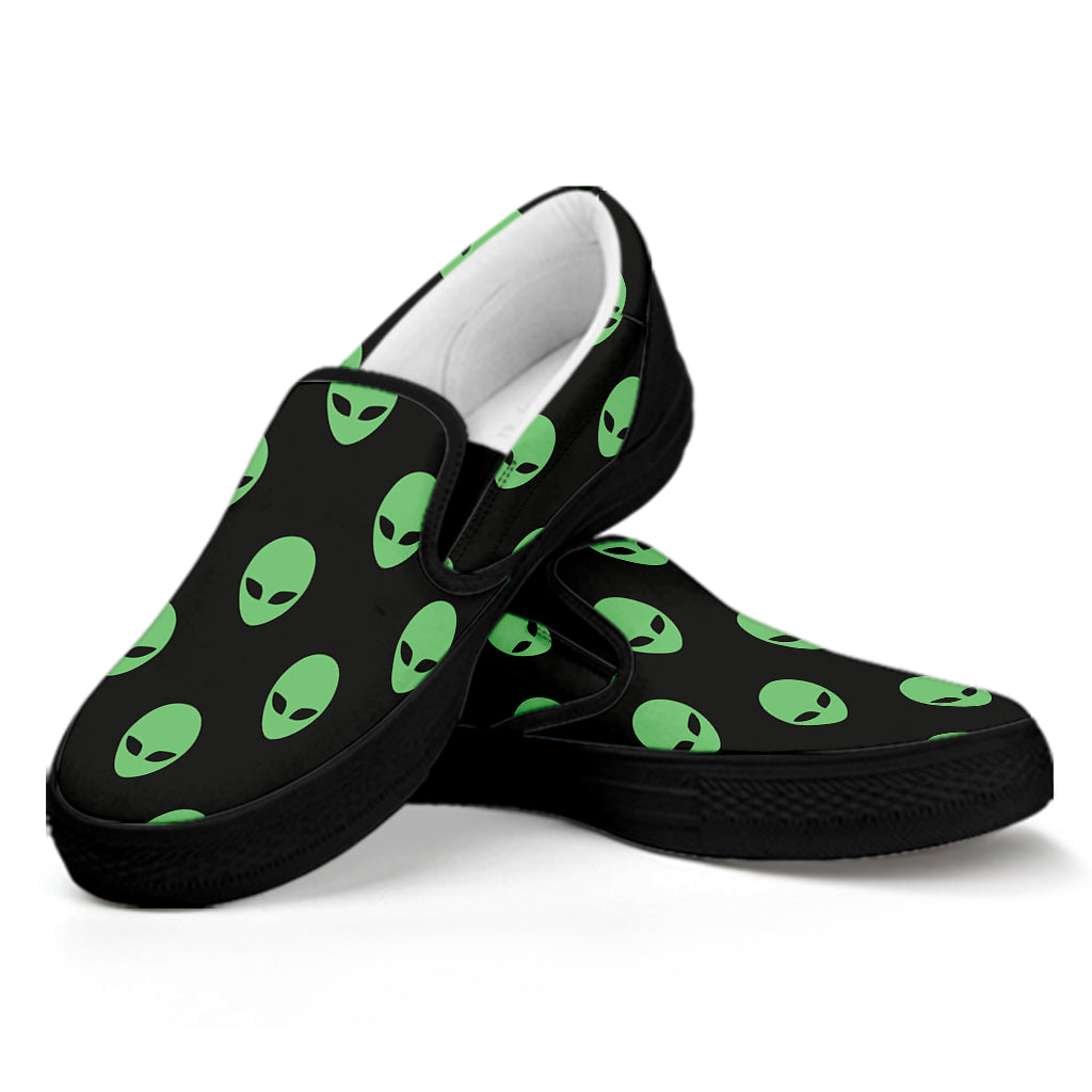 Green Alien Face Print Black Slip On Shoes