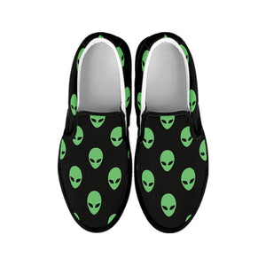 Green Alien Face Print Black Slip On Shoes