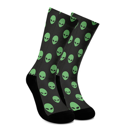 Green Alien Face Print Crew Socks