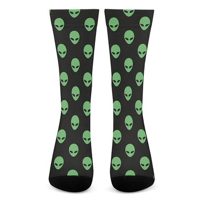 Green Alien Face Print Crew Socks